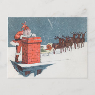 Vintage Santa Claus and Elf Chimney Christmas Postcard