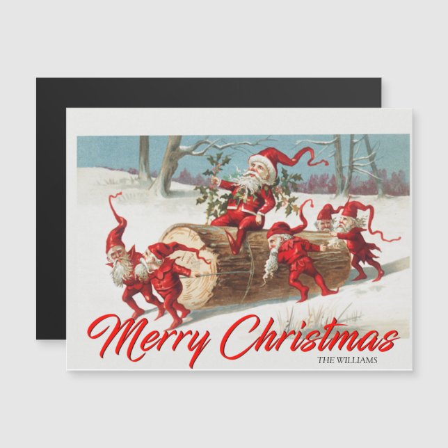 Vintage Santa Claus And Elves Snow Christmas Card (Front/Back)