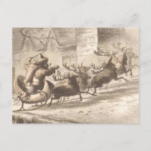 Vintage Santa Claus and Reindeer Illustration Holiday Postcard