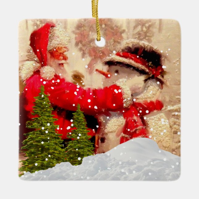 Vintage Santa Claus and Snowman Christmas Ornament (Front)