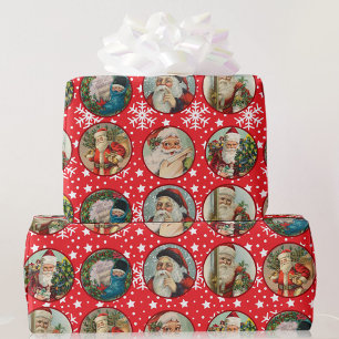 Vintage Santa Claus Cards on Red White Snow Wrapping Paper