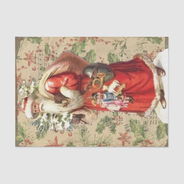 Vintage Santa Claus Carrying Toys Poinsettia Tissue Paper (Front)