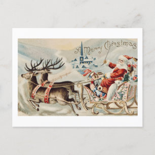 Vintage Santa Claus Christmas Sleigh Reindeer  Postcard