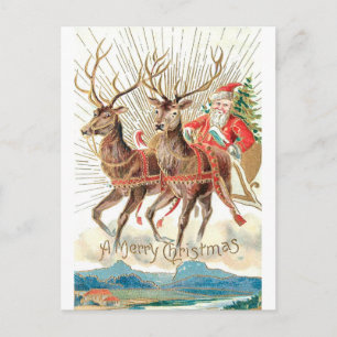 Vintage Santa Claus Christmas Sleigh Reindeer Postcard