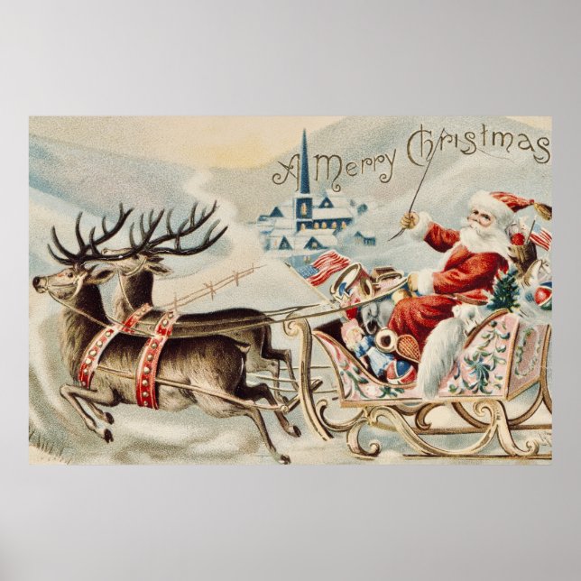 Vintage Santa Claus Christmas Sleigh Reindeer  Poster (Front)