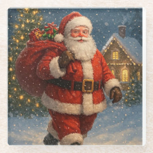 Vintage Santa Claus Christmas Winter Wonderland Glass Coaster
