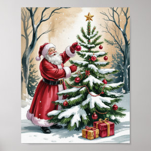 Vintage Santa Claus Decorating Christmas Tree Poster