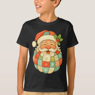 Vintage Santa Claus Face Patchwork Folk Art Christ T-Shirt