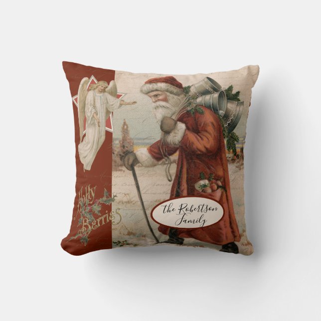 Vintage Santa Claus Father Christmas Angel Family Cushion (Front)