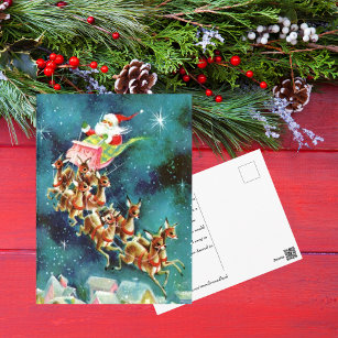 Vintage Santa Claus Flying Reindeer Over Houses Postcard