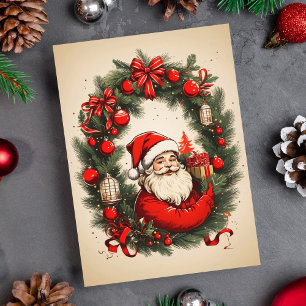 Vintage Santa Claus in Pine Wreath Holiday Card