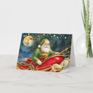 Vintage Santa Claus in Sleigh, Golden Moon, Stars  Holiday Card
