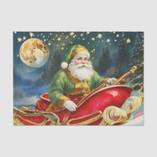 Vintage Santa Claus in Sleigh, Golden Moon, Stars Tissue Paper