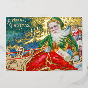 Vintage Santa Claus in Sleigh Merry Christmas Gold Foil Holiday Card
