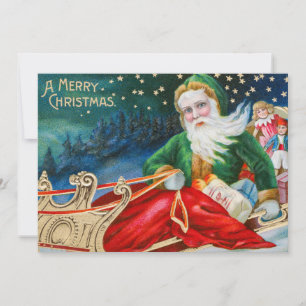 Vintage Santa Claus in Sleigh Merry Christmas Holiday Card