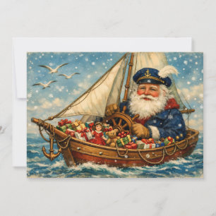 Vintage Santa Claus in the Boat with Presents Holiday Card