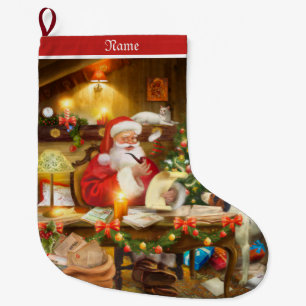Vintage Santa Claus in workshop Large Christmas Stocking