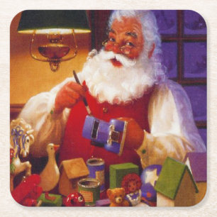 Vintage Santa Claus Making Toys Christmas Square Paper Coaster