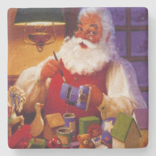 Vintage Santa Claus Making Toys Christmas Stone Coaster