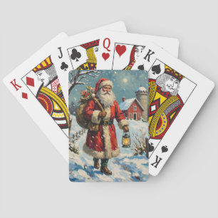 Vintage Santa Claus on Snowy Farmhouse Path Playing Cards