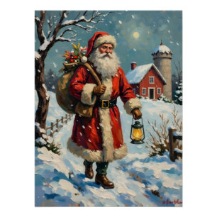 Vintage Santa Claus on Snowy Farmhouse Path Poster