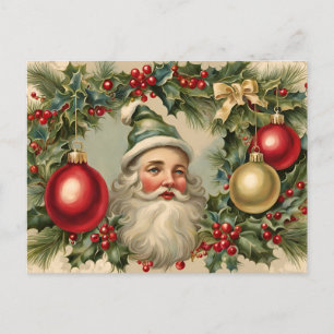 Vintage Santa Claus, Ornaments, Holly Berry Holiday Postcard