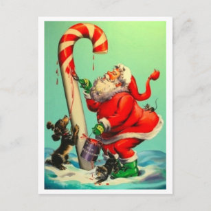 Vintage Santa Claus Painting A Candy Cane Holiday Postcard