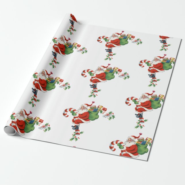 Vintage Santa Claus Pattern Retro Christmas  Wrapping Paper (Unrolled)