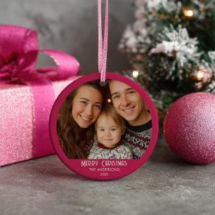 Vintage Santa Claus Pink Christmas Family Photo  Ceramic Ornament