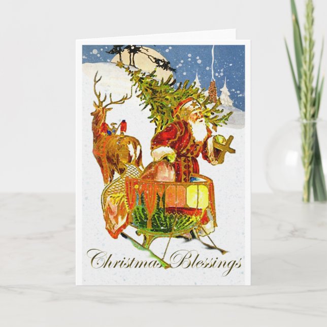 Vintage Santa Claus & Reindeer Christmas Card (Front)
