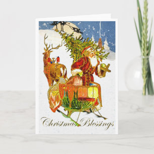 Vintage Santa Claus & Reindeer Christmas Card