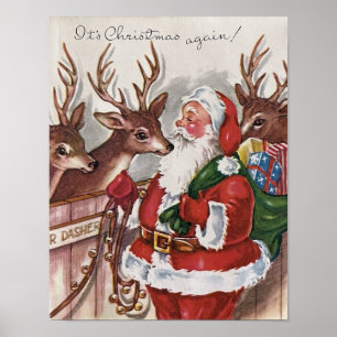 Vintage Santa Claus Reindeer Mid Century Card Poster