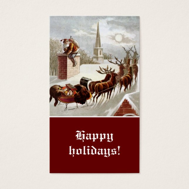 Vintage Santa Claus Reindeer Sleigh gift tag (Front)