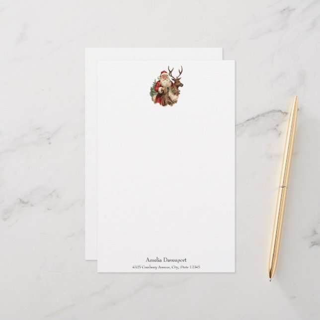 Vintage Santa Claus Riding a Reindeer Christmas Stationery (Front/Back In Situ)