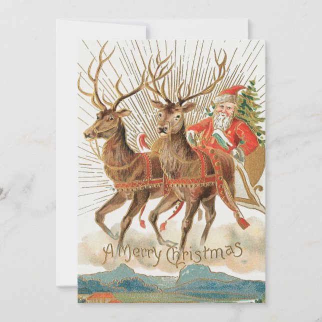 Vintage Santa Claus Sleigh And Reindeer Flying Holiday Card (Front)