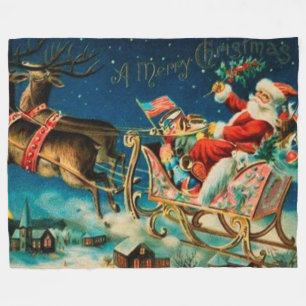 Vintage Santa Claus Sleigh Christmas Holiday Fleece Blanket