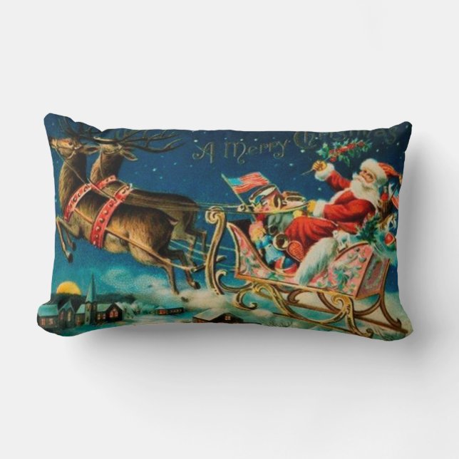 Vintage Santa Claus Sleigh Christmas Holiday Lumbar Cushion (Front)