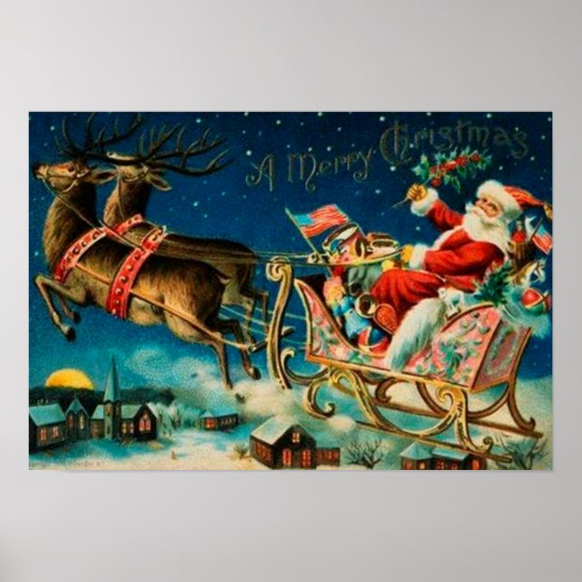 Vintage Santa Claus Sleigh Christmas Holiday Poster (Front)