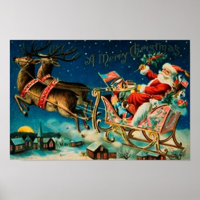 Vintage Santa Claus Sleigh Christmas Holiday Poster (Front)