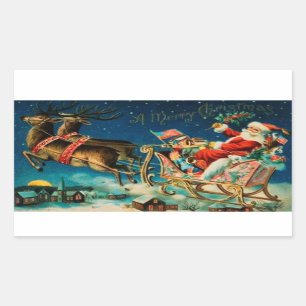 Vintage Santa Claus Sleigh Christmas Holiday Rectangular Sticker
