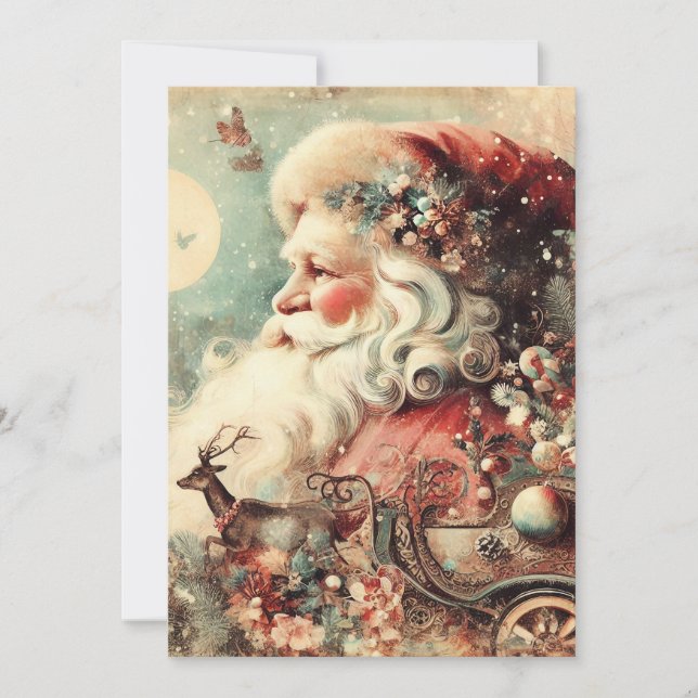 Vintage Santa Claus Sleigh Moon Presents Holiday Card (Front)
