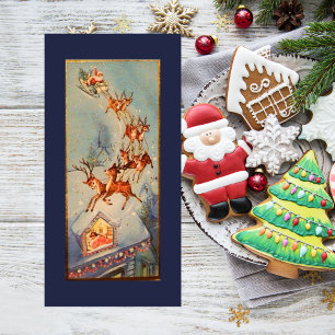 Vintage Santa Claus Sleigh Reindeer Flying Over Holiday Card
