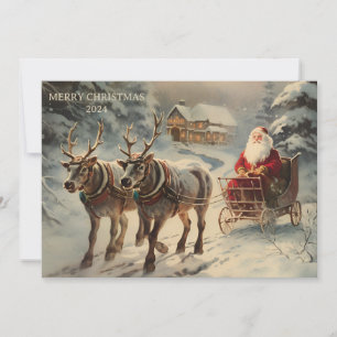 Vintage Santa Claus Sleigh Snow Merry Christmas  Holiday Card