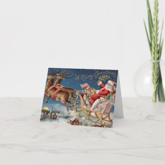 Vintage Santa Claus Sleigh With Reindeer Merry     Holiday Card (Front)