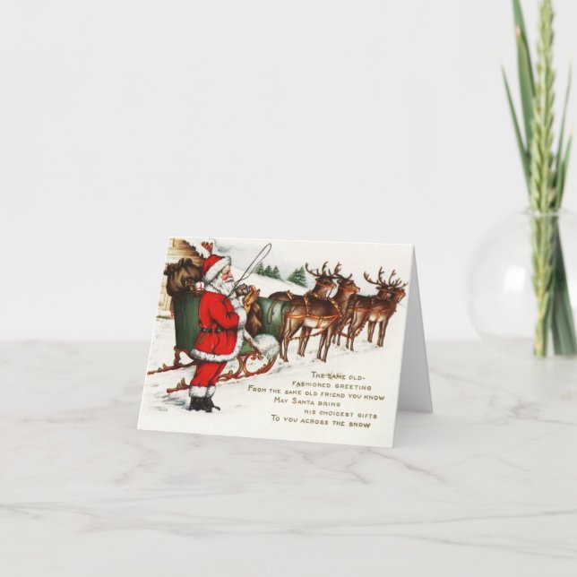 Vintage Santa Claus Sleigh With Reindeer Snow Old Holiday Card (Front)