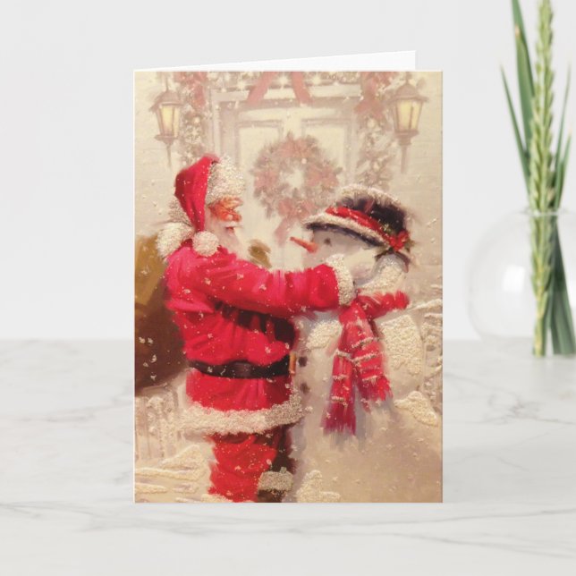 Vintage Santa Claus Snowman Christmas Card (Front)