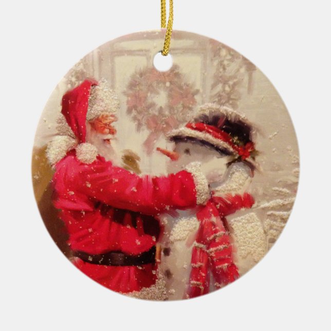 Vintage Santa Claus Snowman Christmas Ceramic Ornament (Front)
