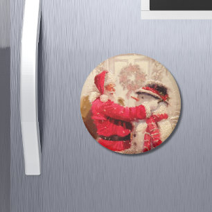 Vintage Santa Claus Snowman Christmas Magnet