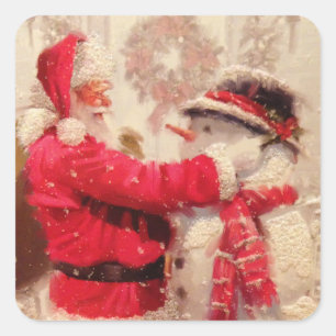 Vintage Santa Claus Snowman Christmas Square Sticker