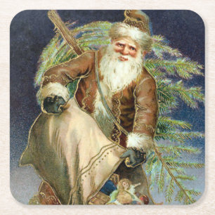 Vintage Santa Claus Toys and Christmas Tree Square Paper Coaster